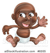 Vector Illustration of a Happy Black Baby Boy in a Diaper, Sitting and Waving by AtStockIllustration