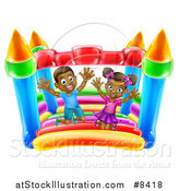 Vector Illustration of a Happy Black Boy and Girl Jumping on a Bouncy House Castle at a Party by AtStockIllustration