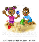Vector Illustration of a Happy Black Boy and Girl Playing and Building a Sand Castle on a Beach by AtStockIllustration