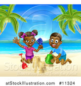 Vector Illustration of a Happy Black Boy and Girl Playing and Building a Sand Castle on a Tropical Beach by AtStockIllustration