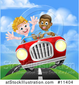 Vector Illustration of a Happy Black Boy Driving a White Boy and Catching Air in a Convertible Car by AtStockIllustration