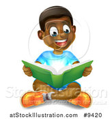 Vector Illustration of a Happy Black Boy Sitting on the Floor and Reading a Book, with Magical Lights by AtStockIllustration
