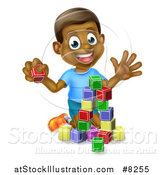 Vector Illustration of a Happy Black Boy Waving and Playing with Toy Blocks by AtStockIllustration