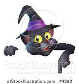 Vector Illustration of a Happy Black Cat Wearing a Witch Hat and Pointing down to a Sign by AtStockIllustration