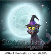 Vector Illustration of a Happy Black Cat Wearing a Witch Hat and Sitting Against a Full Moon by AtStockIllustration