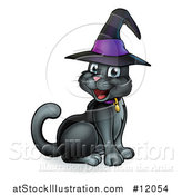 Vector Illustration of a Happy Black Cat Wearing a Witch Hat and Sitting by AtStockIllustration