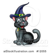 Vector Illustration of a Happy Black Cat Wearing a Witch Hat and Sitting by AtStockIllustration