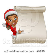 Vector Illustration of a Happy Black Female Christmas Elf Pointing Around a Blank Scroll Sign by AtStockIllustration