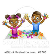 Vector Illustration of a Happy Black Girl and Boy Kneeling and Finger Painting Artwork by AtStockIllustration