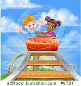 Vector Illustration of a Happy Black Girl and White Boy on a Roller Coaster Ride, Against a Blue Sky with Clouds by AtStockIllustration