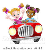 Vector Illustration of a Happy Black Girl Driving a Red Convertible Car with a White Girl in the Passenger Seat by AtStockIllustration