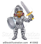 Vector Illustration of a Happy Black Girl in Full Knight Armour, Holding a Shield and Sword by AtStockIllustration