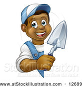 Vector Illustration of a Happy Black Male Gardener Holding a Garden Trowel Around a Sign by AtStockIllustration