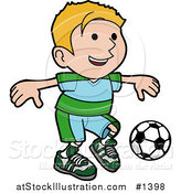 Vector Illustration of a Happy Blond Boy Ion a Blue and Green Uniform Kicking a Soccer Ball During a Game by AtStockIllustration