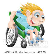 Vector Illustration of a Happy Blond Boy Racing Fast in His Wheelchair by AtStockIllustration