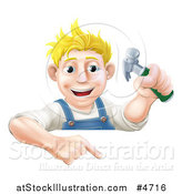 Vector Illustration of a Happy Blond Carpenter Man Holding a Hammer and Pointing down at a Sign by AtStockIllustration