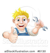 Vector Illustration of a Happy Blond Caucasian Mechanic Man Holding a Wrench and Thumb up over a Sign by AtStockIllustration