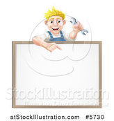 Vector Illustration of a Happy Blond Caucasian Mechanic Man Holding a Wrench over a White Board Sign by AtStockIllustration