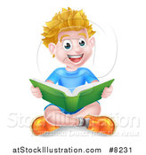 Vector Illustration of a Happy Blond Caucasian School Boy Reading a Book on the Floor by AtStockIllustration
