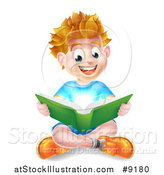 Vector Illustration of a Happy Blond Caucasian School Boy Reading a Book on the Floor, with Magical Light by AtStockIllustration