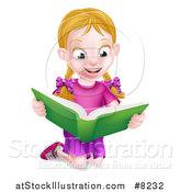 Vector Illustration of a Happy Blond Caucasian School Girl Kneeling and Reading a Book by AtStockIllustration