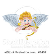 Vector Illustration of a Happy Blond Caucasian Valentines Day Cupid Aiming a Gold Heart Arrow with His Bow over a Sign by AtStockIllustration