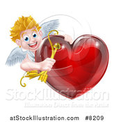 Vector Illustration of a Happy Blond Caucasian Valentines Day Cupid Holding a Bow and Arrow Around a Shiny Red Heart by AtStockIllustration