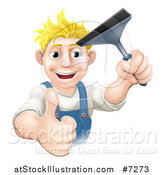 Vector Illustration of a Happy Blond Caucasian Window Cleaner Man Holding a Squeegee and Giving a Thumb up by AtStockIllustration