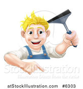 Vector Illustration of a Happy Blond Caucasian Window Cleaner Man Holding a Squeegee and Pointing down over a Sign by AtStockIllustration