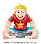 Vector Illustration of a Happy Blond Gamer Guy Holding a Remote by AtStockIllustration