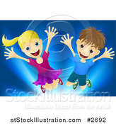 Vector Illustration of a Happy Blond Girl and Brunette Boy Jumping over Blue by AtStockIllustration