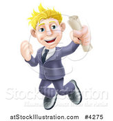 Vector Illustration of a Happy Blond Graduate Business Man Jumping and Holding a Diploma by AtStockIllustration