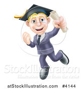Vector Illustration of a Happy Blond Graduate Business Man Jumping Wearing a Graduation Cap and Holding a Diploma by AtStockIllustration