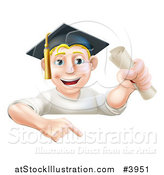 Vector Illustration of a Happy Blond Graduate Man Holding a Certificate and Pointing down at a Sign by AtStockIllustration