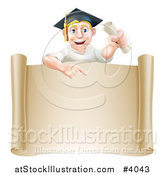 Vector Illustration of a Happy Blond Graduate Man Holding a Degree and Pointing down at a Parchment Scroll by AtStockIllustration