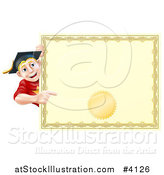 Vector Illustration of a Happy Blond Graduate Man Looking Around and Pointing at a Certificate by AtStockIllustration