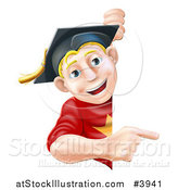 Vector Illustration of a Happy Blond Graduate Man Pointing to a Sign by AtStockIllustration