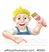Vector Illustration of a Happy Blond Male Caucasian Painter Holding a Paintbrush and Pointing down at a Sign by AtStockIllustration