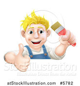 Vector Illustration of a Happy Blond Male Caucasian Painter Holding a Paintbrush and Thumb up over a Sign by AtStockIllustration