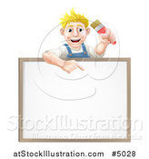 Vector Illustration of a Happy Blond Male House Painter Holding a Brush and Pointing down to a White Board Sign by AtStockIllustration