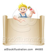 Vector Illustration of a Happy Blond Male House Painter Holding a Brush and Pointing over a Scroll Sign by AtStockIllustration