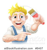 Vector Illustration of a Happy Blond Male Painter Holding up and a Brush and Pointing by AtStockIllustration