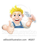 Vector Illustration of a Happy Blond Mechanic Man Holding a Spanner Wrench and Thumb up over a Sign by AtStockIllustration