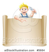 Vector Illustration of a Happy Blond Mechanic Man Holding a Wrench over a Scroll Sign by AtStockIllustration