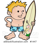 Vector Illustration of a Happy Blond Surfer Dude in Blue Hawaiian Shorts, Standing on the Beach with a Surfboard by AtStockIllustration