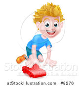 Vector Illustration of a Happy Blond White Boy Playing with a Toy Car by AtStockIllustration