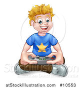 Vector Illustration of a Happy Blond White Gamer Guy Holding a Remote and Sitting on the Floor by AtStockIllustration