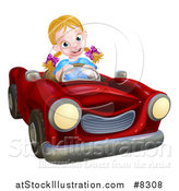 Vector Illustration of a Happy Blond White Girl Driving a Red Convertible Car by AtStockIllustration