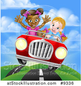 Vector Illustration of a Happy Blond White Girl Driving a Red Convertible Car with a Black Girl in the Passenger Seat on a Hilly Road by AtStockIllustration