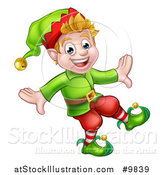 Vector Illustration of a Happy Blond White Male Christmas Elf Walking or Dancing by AtStockIllustration